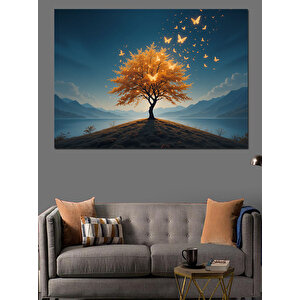 Sarı Yapraklı Ağaç Dekoratif Kanvas - Mdf Ahşap Tablo 100x140 cm