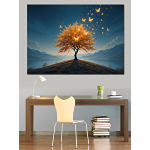 Sarı Yapraklı Ağaç Dekoratif Kanvas - Mdf Ahşap Tablo 100x140 cm