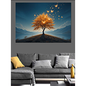 Sarı Yapraklı Ağaç Dekoratif Kanvas - Mdf Ahşap Tablo 100x140 cm