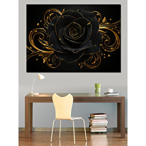 Simsiyah Gül Altın Yaprak Dekoratif Kanvas - Mdf Ahşap Tablo 50x70 cm