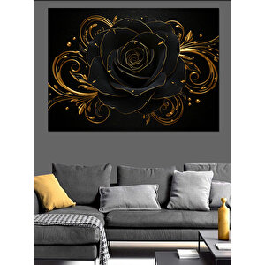 Simsiyah Gül Altın Yaprak Dekoratif Kanvas - Mdf Ahşap Tablo