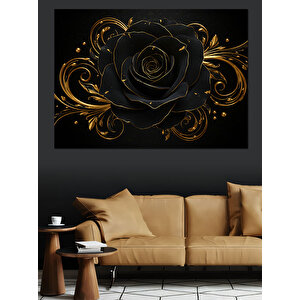 Simsiyah Gül Altın Yaprak Dekoratif Kanvas - Mdf Ahşap Tablo