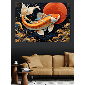 Koi Balığı Ve Ay Dekoratif Kanvas - Mdf Ahşap Tablo 25x35 cm