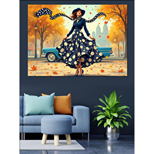 Retro Araba Ve Kadın Dekoratif Kanvas - Mdf Ahşap Tablo 70x100 cm