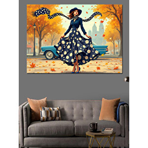 Retro Araba Ve Kadın Dekoratif Kanvas - Mdf Ahşap Tablo 70x100 cm