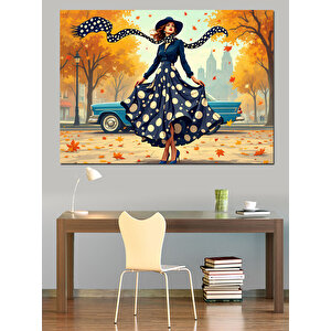 Retro Araba Ve Kadın Dekoratif Kanvas - Mdf Ahşap Tablo 70x100 cm
