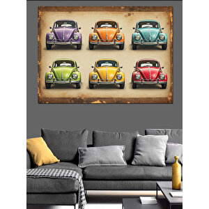 Retro Renkli Vosvos Arabalar Dekoratif Kanvas - Mdf Ahşap Tablo 50x70 cm