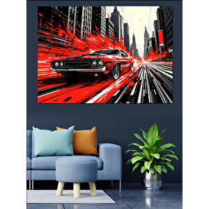 Kırmızı Araba Hızı Dekoratif Kanvas - Mdf Ahşap Tablo