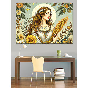 Buğday Tutan Doğal Kadın Dekoratif Kanvas - Mdf Ahşap Tablo 35x50 cm