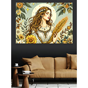 Buğday Tutan Doğal Kadın Dekoratif Kanvas - Mdf Ahşap Tablo 35x50 cm