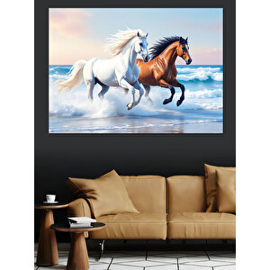 Kumsalda Koşan Beyaz Atlar Dekoratif Kanvas - Mdf Ahşap Tablo 100x140 cm
