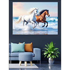 Kumsalda Koşan Beyaz Atlar Dekoratif Kanvas - Mdf Ahşap Tablo 100x140 cm