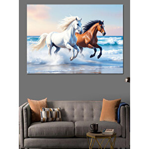 Kumsalda Koşan Beyaz Atlar Dekoratif Kanvas - Mdf Ahşap Tablo 100x140 cm