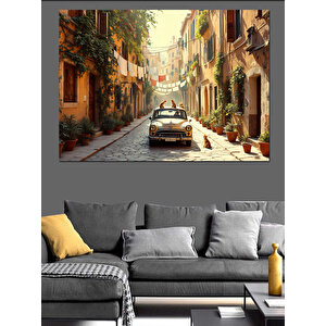 Dar Sokakta Klasik Araba Dekoratif Kanvas - Mdf Ahşap Tablo 50x70 cm