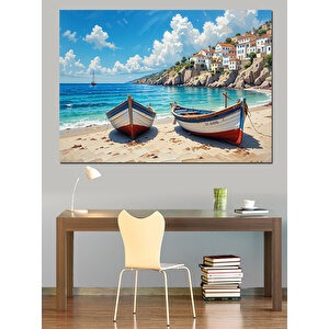 Sahilde Renkli İki Sandal Dekoratif Kanvas - Mdf Ahşap Tablo 35x50 cm