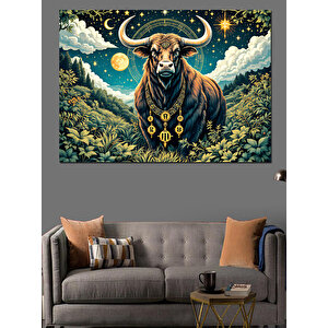 Gece Parlayan Boğa Dekoratif Kanvas - Mdf Ahşap Tablo 100x140 cm