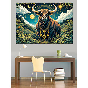 Gece Parlayan Boğa Dekoratif Kanvas - Mdf Ahşap Tablo 100x140 cm