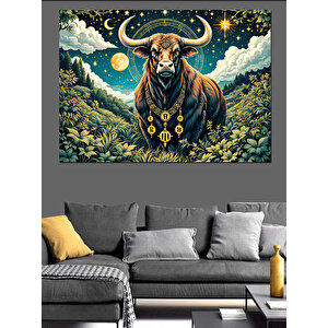 Gece Parlayan Boğa Dekoratif Kanvas - Mdf Ahşap Tablo 100x140 cm