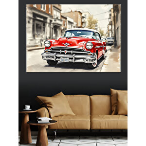 Kırmızı Klasik Araba Sokakta Dekoratif Kanvas - Mdf Ahşap Tablo 25x35 cm