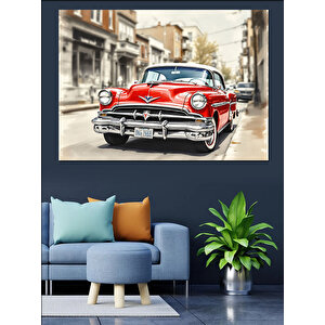 Kırmızı Klasik Araba Sokakta Dekoratif Kanvas - Mdf Ahşap Tablo 25x35 cm
