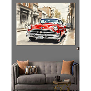Kırmızı Klasik Araba Sokakta Dekoratif Kanvas - Mdf Ahşap Tablo 25x35 cm