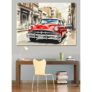 Kırmızı Klasik Araba Sokakta Dekoratif Kanvas - Mdf Ahşap Tablo