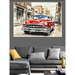 Kırmızı Klasik Araba Sokakta Dekoratif Kanvas - Mdf Ahşap Tablo