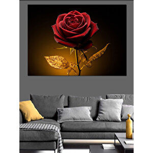 Altın Yapraklı Kırmızı Gül Dekoratif Kanvas - Mdf Ahşap Tablo