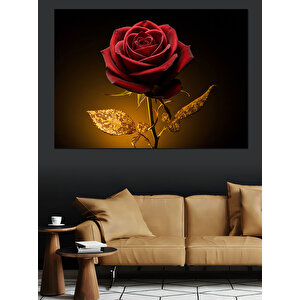 Altın Yapraklı Kırmızı Gül Dekoratif Kanvas - Mdf Ahşap Tablo 100x140 cm