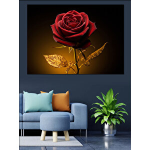Altın Yapraklı Kırmızı Gül Dekoratif Kanvas - Mdf Ahşap Tablo 100x140 cm