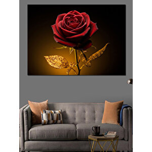 Altın Yapraklı Kırmızı Gül Dekoratif Kanvas - Mdf Ahşap Tablo 100x140 cm