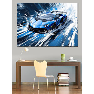Mavi Spor Araba Hızı Dekoratif Kanvas - Mdf Ahşap Tablo