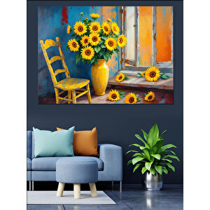 Sarı Sandalye Yanında Ayçiçekleri Dekoratif Kanvas - Mdf Ahşap Tablo 70x100 cm