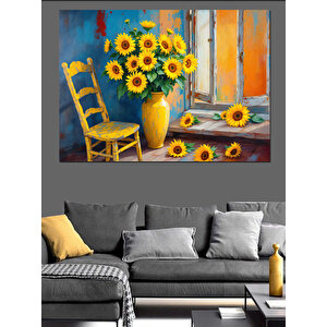 Sarı Sandalye Yanında Ayçiçekleri Dekoratif Kanvas - Mdf Ahşap Tablo