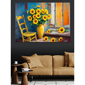 Sarı Sandalye Yanında Ayçiçekleri Dekoratif Kanvas - Mdf Ahşap Tablo