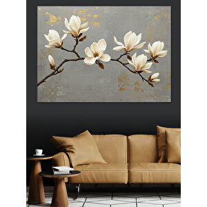 Altın Yapraklı Manolya Dalı Dekoratif Kanvas - Mdf Ahşap Tablo