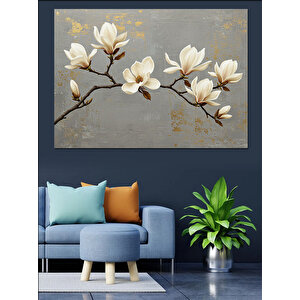 Altın Yapraklı Manolya Dalı Dekoratif Kanvas - Mdf Ahşap Tablo
