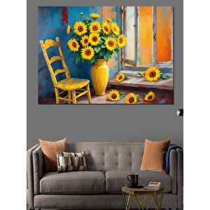 Sarı Sandalye Yanında Ayçiçekleri Dekoratif Kanvas - Mdf Ahşap Tablo 100x140 cm
