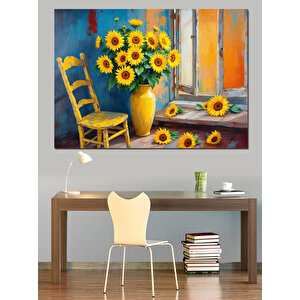 Sarı Sandalye Yanında Ayçiçekleri Dekoratif Kanvas - Mdf Ahşap Tablo 100x140 cm