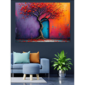 Kırmızı Yapraklı Büyük Ağaç Dekoratif Kanvas - Mdf Ahşap Tablo 70x100 cm