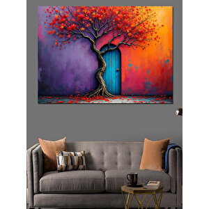 Kırmızı Yapraklı Büyük Ağaç Dekoratif Kanvas - Mdf Ahşap Tablo 70x100 cm
