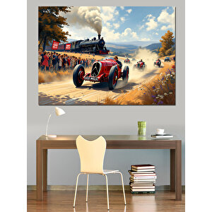 Nostaljik Yarış Arabası Sahnesi Dekoratif Kanvas - Mdf Ahşap Tablo 70x100 cm