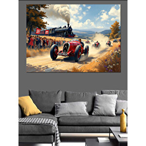Nostaljik Yarış Arabası Sahnesi Dekoratif Kanvas - Mdf Ahşap Tablo 70x100 cm