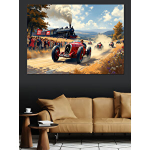 Nostaljik Yarış Arabası Sahnesi Dekoratif Kanvas - Mdf Ahşap Tablo 70x100 cm