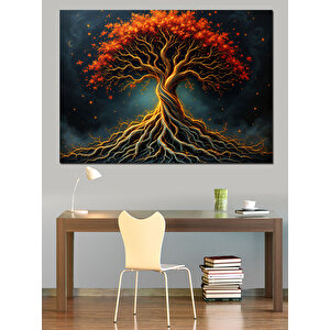 Kırmızı Yapraklı Kök Ağaç Dekoratif Kanvas - Mdf Ahşap Tablo 70x100 cm