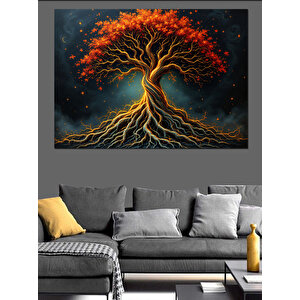 Kırmızı Yapraklı Kök Ağaç Dekoratif Kanvas - Mdf Ahşap Tablo 70x100 cm
