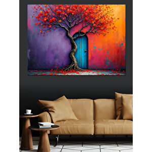 Kırmızı Yapraklı Büyük Ağaç Dekoratif Kanvas - Mdf Ahşap Tablo 35x50 cm