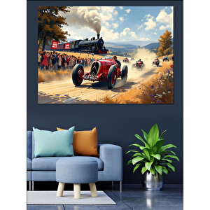 Nostaljik Yarış Arabası Sahnesi Dekoratif Kanvas - Mdf Ahşap Tablo
