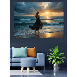 Kumsalda Gün Batımı Kadın Dekoratif Kanvas - Mdf Ahşap Tablo 35x50 cm