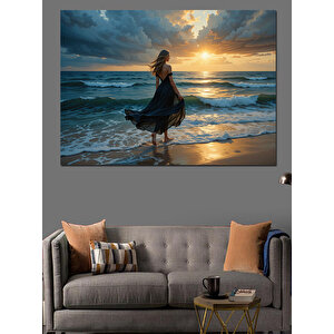 Kumsalda Gün Batımı Kadın Dekoratif Kanvas - Mdf Ahşap Tablo